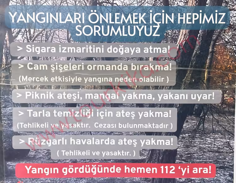 αφίσα στα τουρκικά που λέει Yangınları önlemek için hepimiz sorumluyuz (Όλοι μας είμαστε υπεύθυνοι για την πρόληψη των πυρκαγιών)